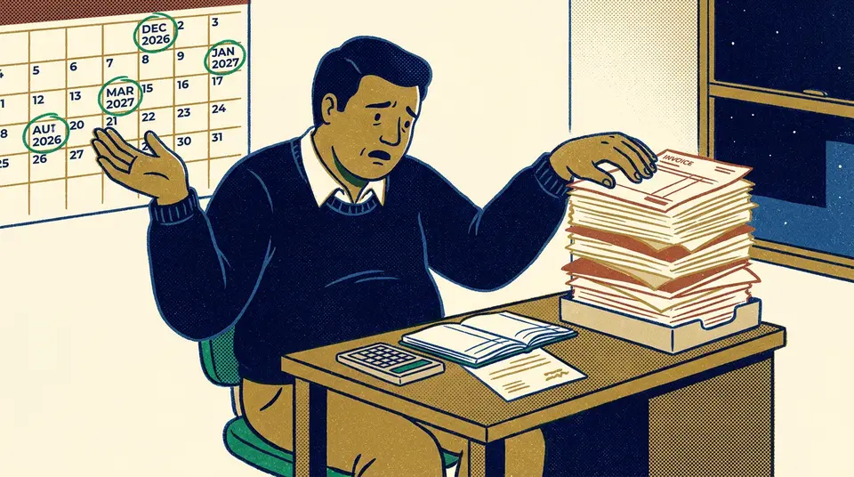 A business owner at a desk looks between a calendar and a stack of invoices, illustrating cash flow delays.