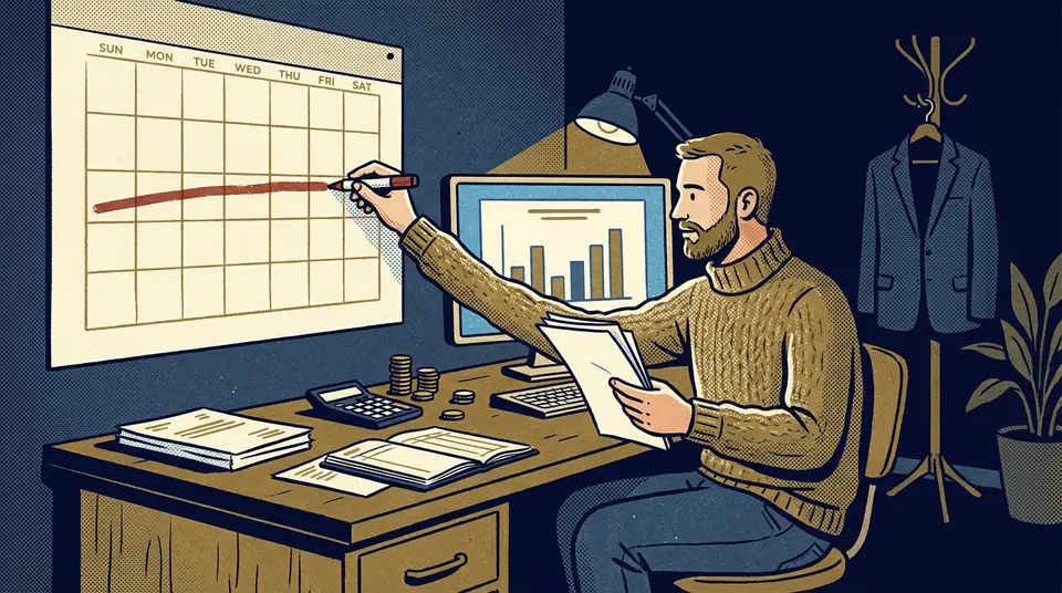 A business owner marks a red line on a wall calendar while reviewing invoices and a cash flow chart.