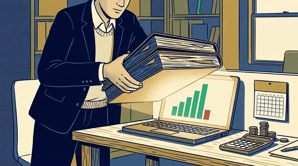 A man removes heavy ledger books from his desk to reveal an automated dashboard on his screen, symbolizing scaling up.