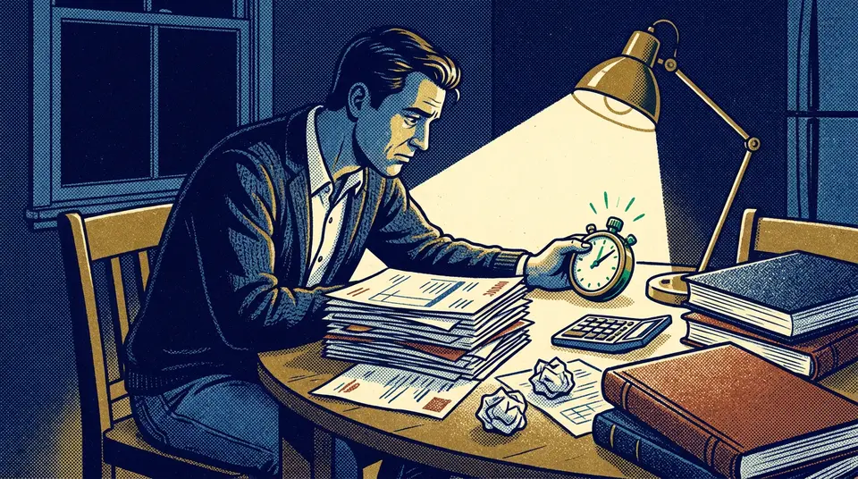 A man audits invoices by lamplight at a kitchen table, contrasting his paperwork against a stopwatch.
