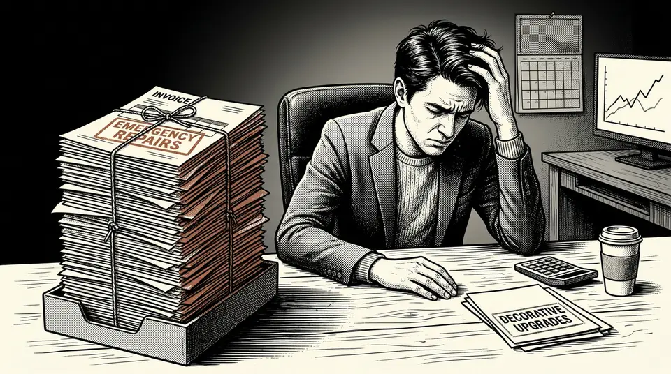 A business owner at a desk compares a tall stack of repair invoices to a very small stack of upgrade requests.