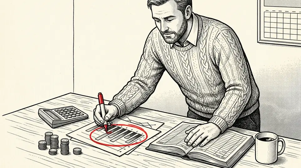 A person circles data on a chart next to five stacks of coins, representing a successful customer acquisition test.