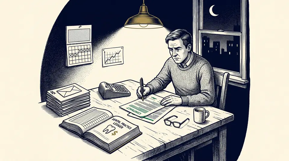A business owner at a desk looking stressed by resignation letters and legal documents, illustrating integration risk.