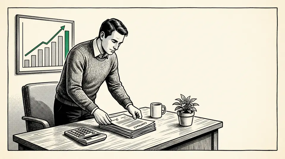 A business owner organizes service contracts and a calculator on a tidy desk, representing operational readiness.