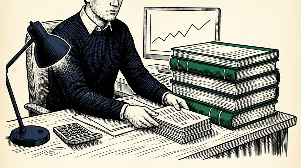 A person in a sweater compares a small pile of invoices to a large stack of ledgers on a desk.