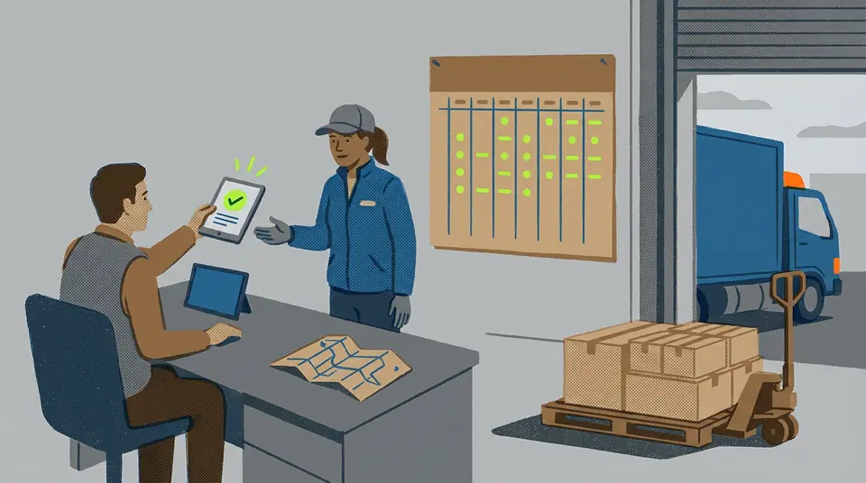 A dispatcher and driver coordinate at a loading dock desk, symbolizing a seven-day cash flow cycle in logistics.