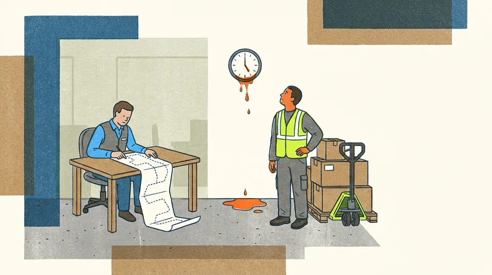 A dispatcher and driver watch a wall clock melt and leak water, symbolizing the drain of time on company cash flow.