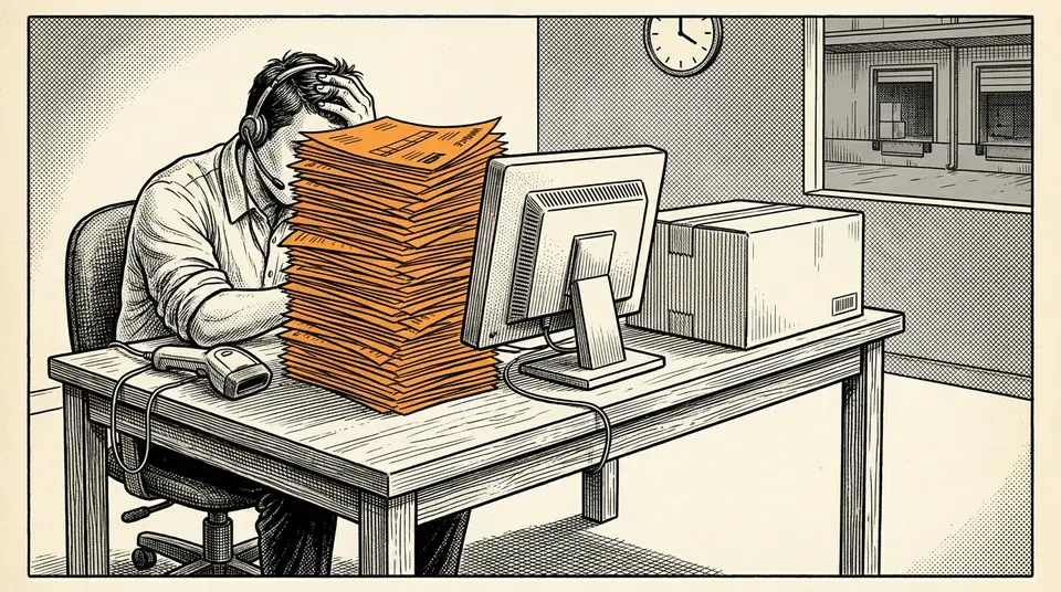 A warehouse dispatcher sits at a desk overwhelmed by a massive stack of paperwork next to a shipping box.