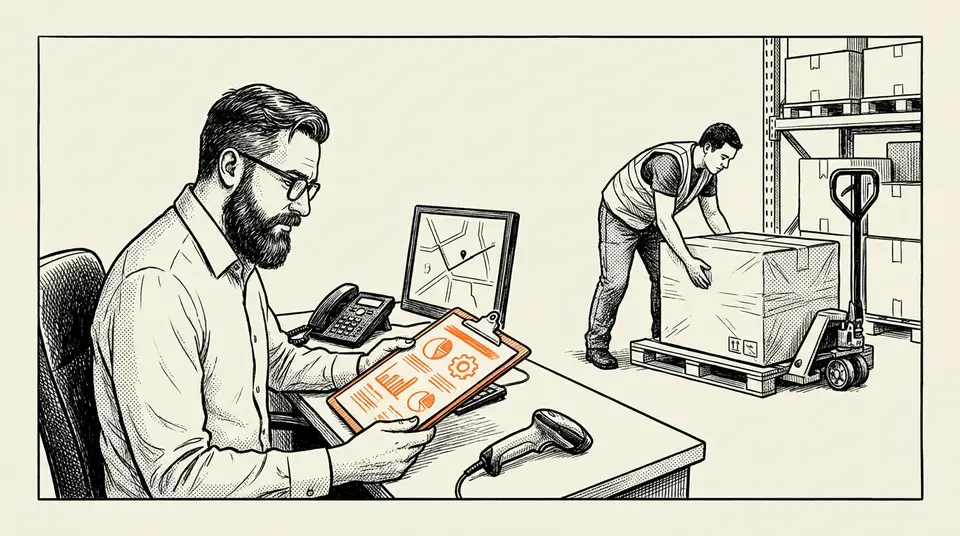 A manager examines a logistics audit document at a desk, illustrating year-end budget utilization.