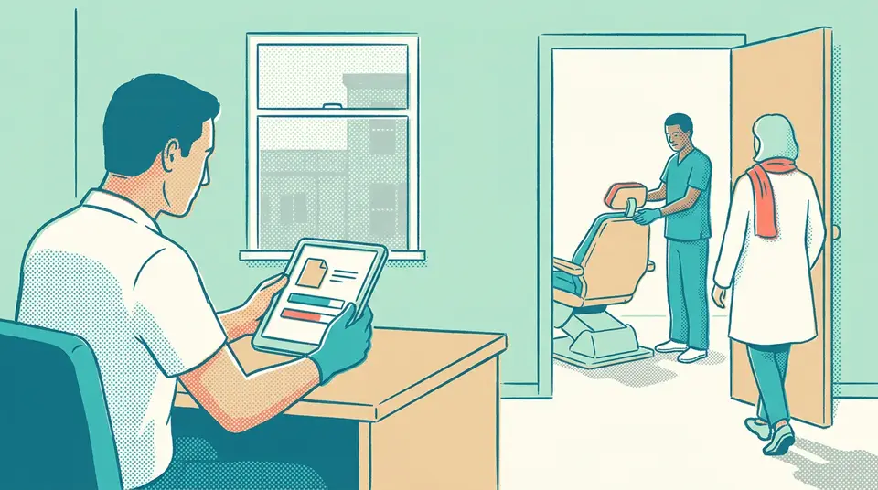 A practice manager watches data transfer icons on a tablet beside a stack of patient files in a medical office.