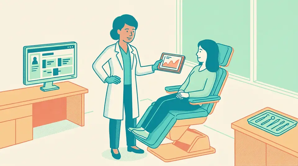 A doctor shows a patient data on a tablet in a clinic, illustrating a shift toward transparent data sharing.