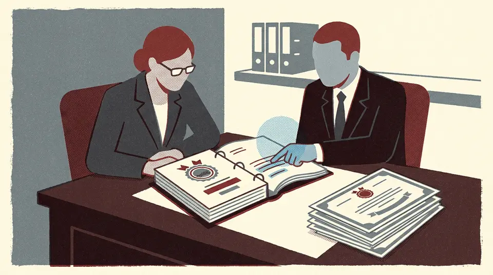 An advisor points at a binder near official certificates, illustrating how niche certifications protect firm revenue.