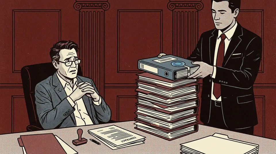 A lawyer adds a thick binder to a tall stack of contracts, representing the influx of new competitors.
