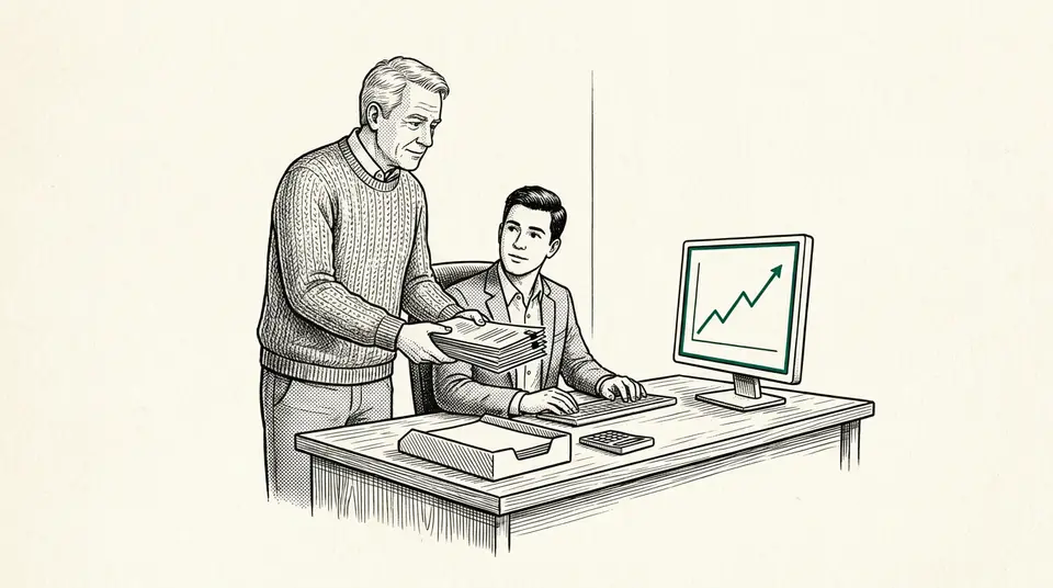 An older founder hands a stack of documents to a younger manager in a professional office setting.