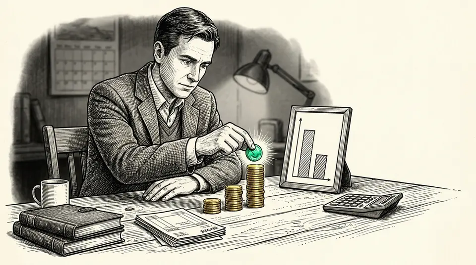 A business owner adds a coin to a tall stack on a desk, illustrating valuation premiums for clean assets.