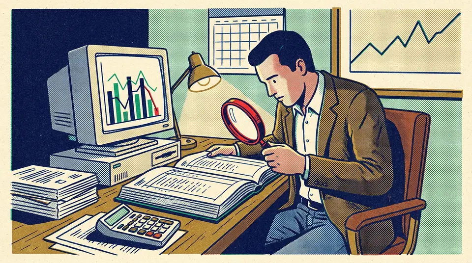A person at a desk uses a magnifying glass to inspect a financial ledger next to a bar chart on a computer screen.