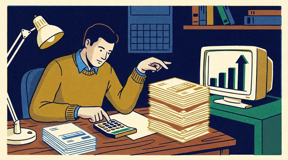 A business owner calculates costs between two stacks of invoices, illustrating the margin increase from labor shifts.