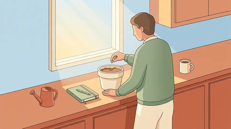 A person plants a seed in a pot at a sunny kitchen counter, symbolizing taking the first step of faith.