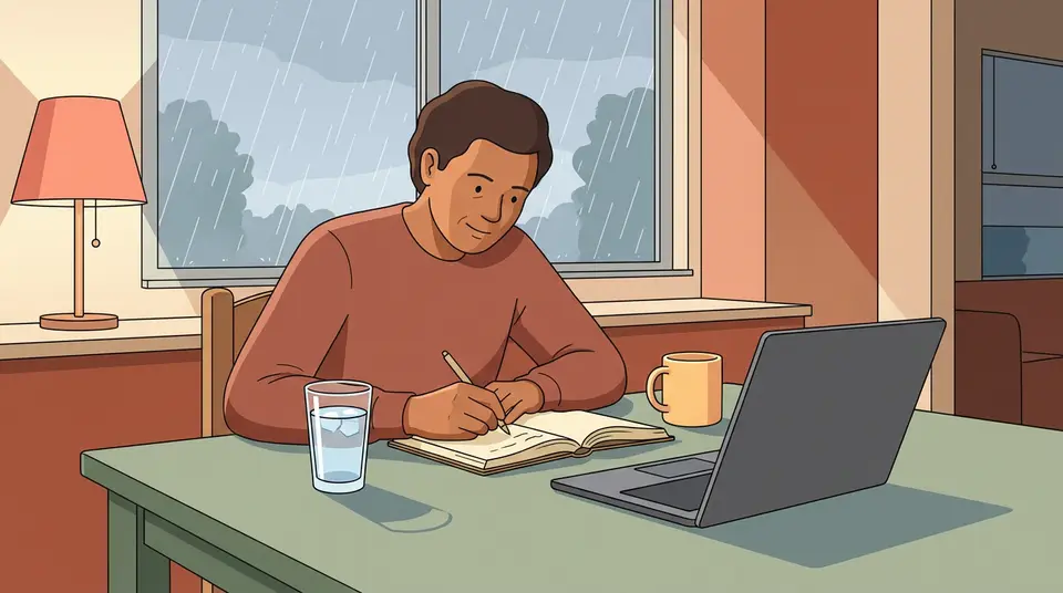 A person writing in a notebook at a kitchen table during a rainstorm, illustrating the quiet discipline of growth.