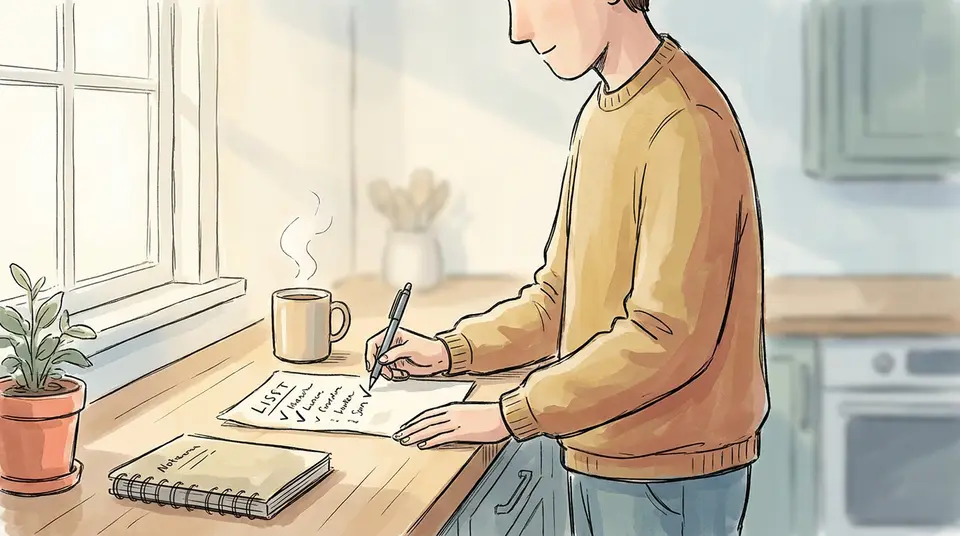 A person in a morning kitchen marking a checklist, illustrating the steady habits of personal governance.