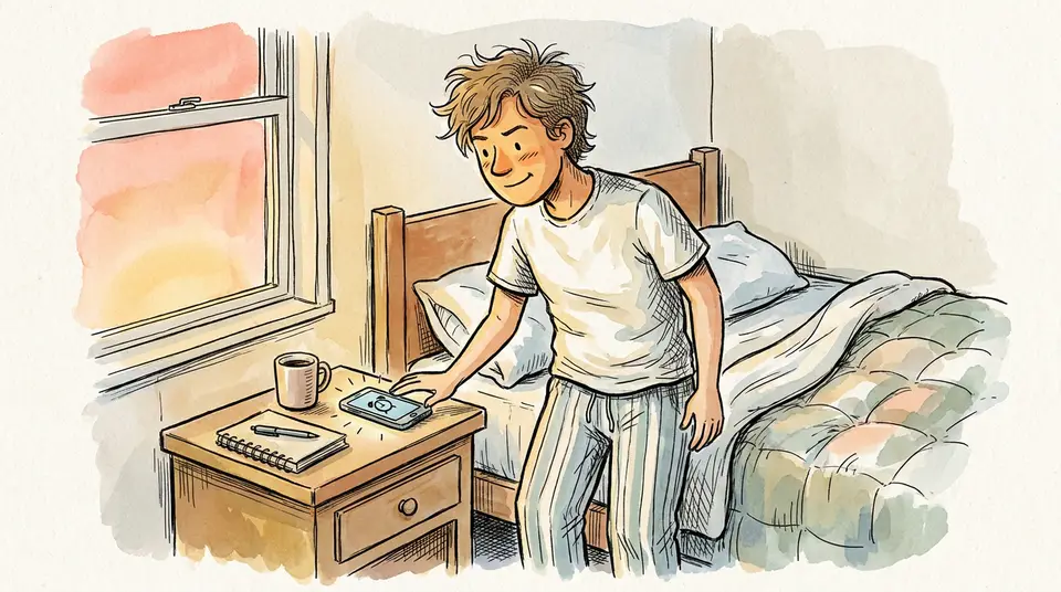 A person standing by their bed at sunrise, having just turned off their alarm to start the day immediately.
