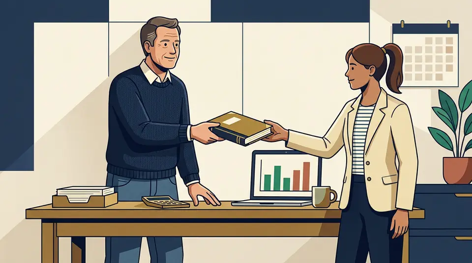 A business owner hands a ledger to a junior employee at a desk, illustrating tax credit-funded training.