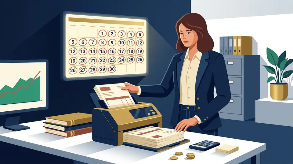 A business owner scans a large stack of paperwork near a red-circled calendar, representing aggressive data compliance.