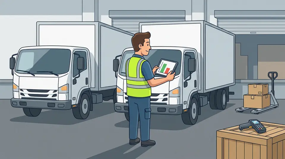 A manager compares a traditional truck and an electric truck in a warehouse, illustrating the cost gap.