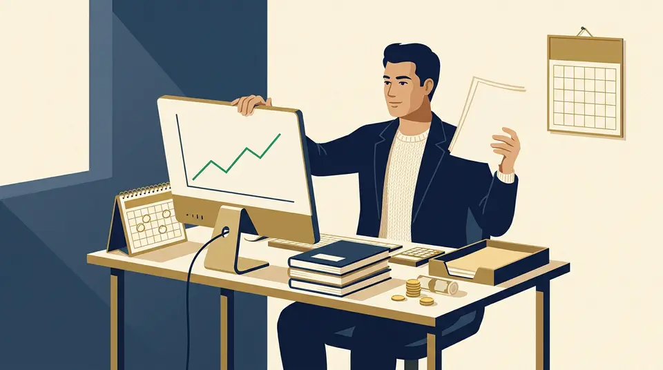 A person at a desk compares a paper invoice to a rising digital chart, illustrating dynamic pricing adjustments.
