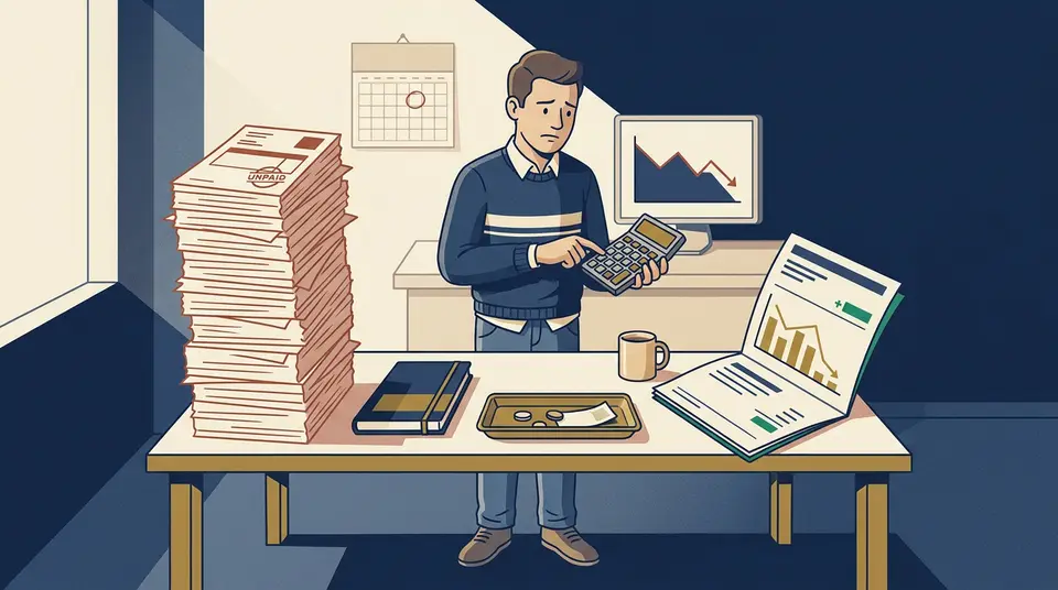 A business owner calculates figures next to a large stack of invoices, illustrating capital trapped in supply chains.