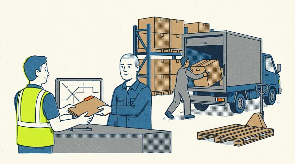 A dispatcher passes a document folder to a successor in a warehouse, representing smooth business transferability.