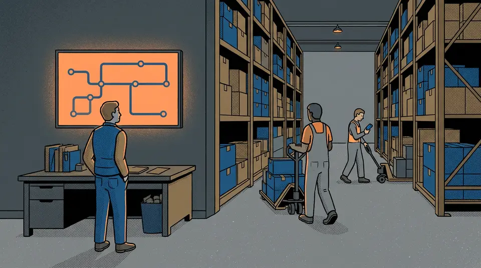 A dispatcher watches warehouse staff work independently, representing a scalable business that isn't founder-dependent.