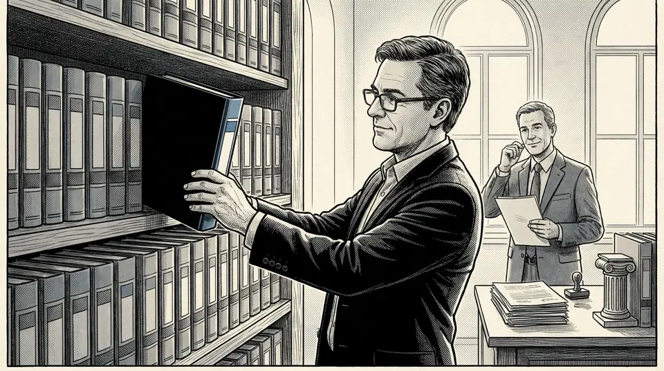 An executive places a thick compliance binder onto a shelf, symbolizing the building of a strong regulatory moat.