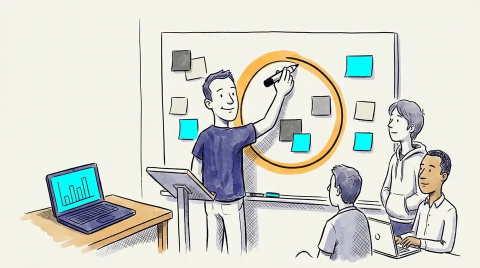 A founder circles a group of sticky notes on a whiteboard, symbolizing the shift from tasks to system governance.