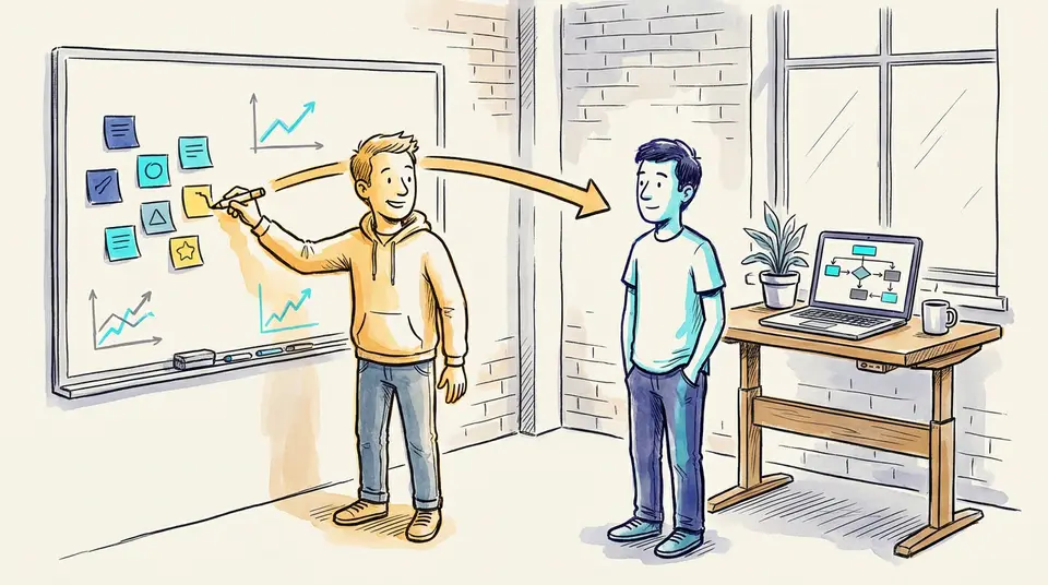 A founder delegates tasks by drawing a handoff arrow on a whiteboard for an engineer, illustrating system governance.