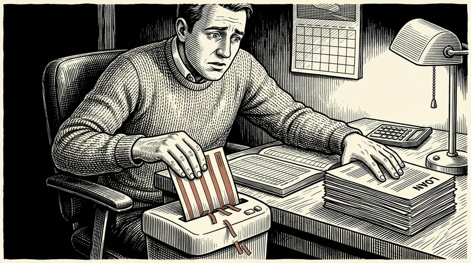 A business owner at a desk looks overwhelmed while handling stacks of debt documents and bank statements.