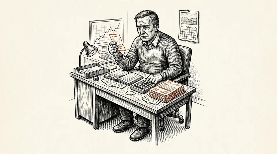 A man at a desk compares a fuel receipt to a large stack of invoices, illustrating a cash flow gap.