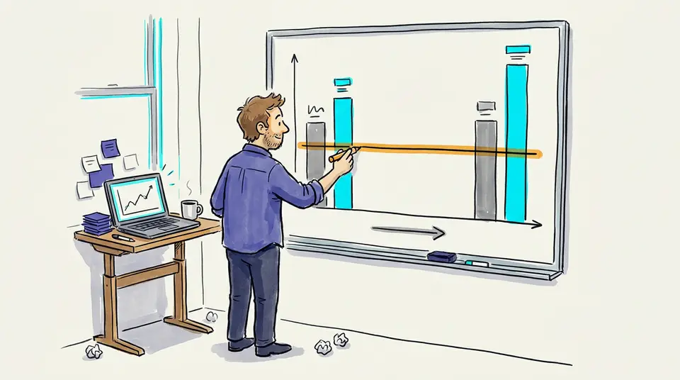 An operations lead draws a bridge between two bar charts on a whiteboard, illustrating a liquidity buffer.