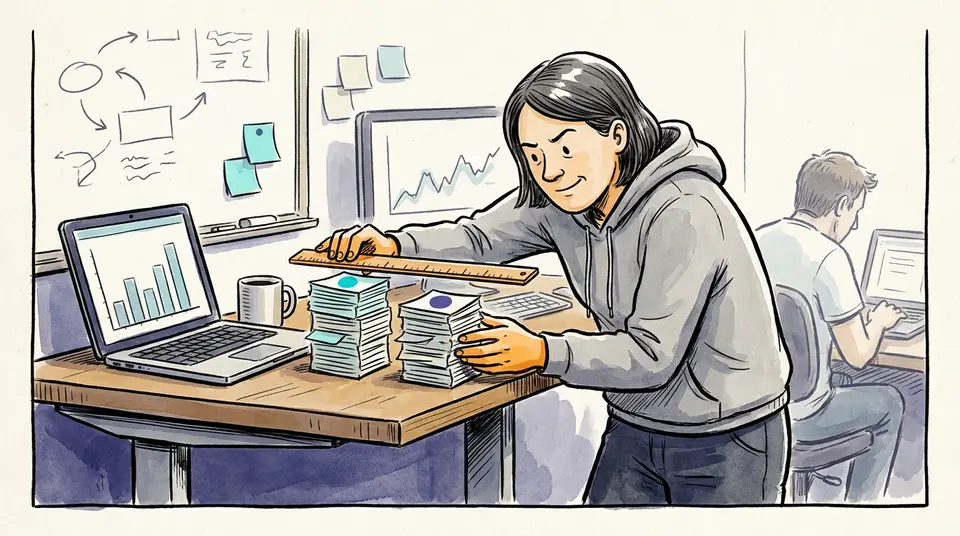 An operations lead aligns two uneven stacks of sticky notes on a desk to show payment parity.