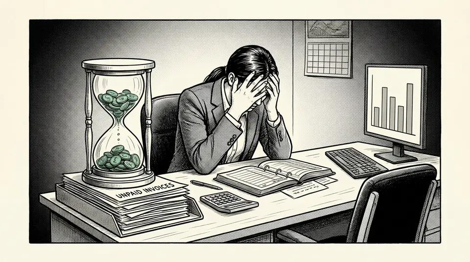 An hourglass filled with coins sits on a desk next to unpaid invoices, symbolizing the cost of delayed payments.