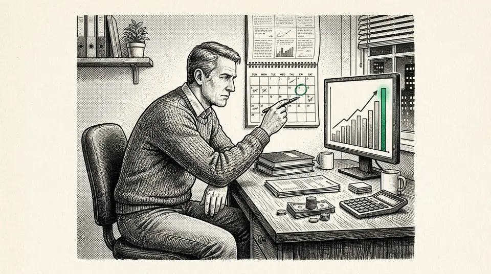 A business owner maps out future dates on a wall calendar while reviewing a cash flow chart on a computer screen.