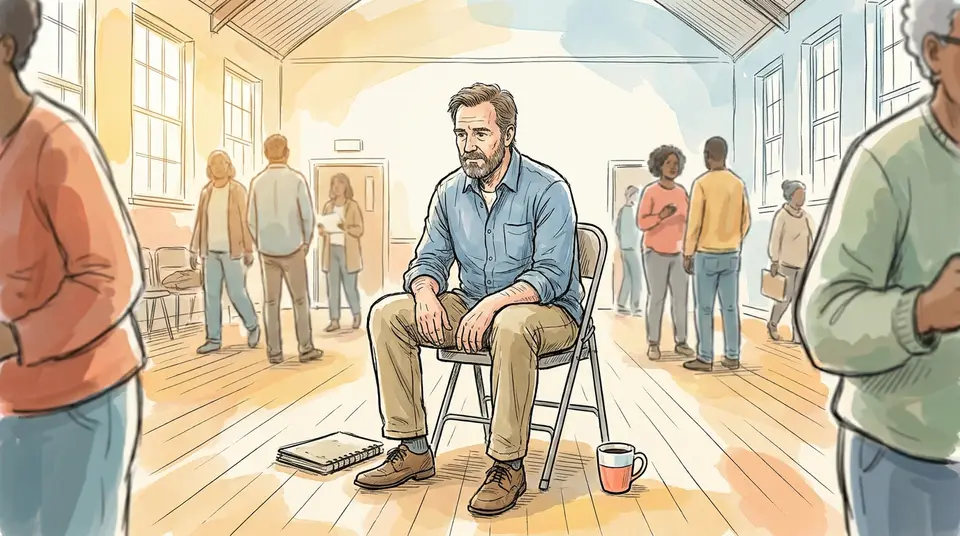 A man sitting calmly on a folding chair in a community hall, illustrating the act of being present.