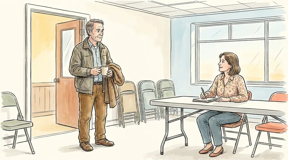 A man stands in a community hall, looking toward a colleague to face the consequences of a failed project.