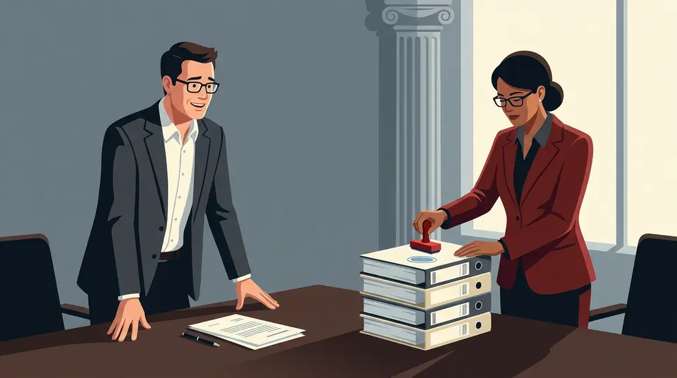 A lawyer stamps a stack of compliance binders in an office, symbolizing the removal of regulatory risk for a business.