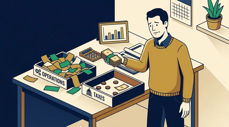 A business owner hesitates while dividing cash between two trays marked for operating costs and tax obligations.
