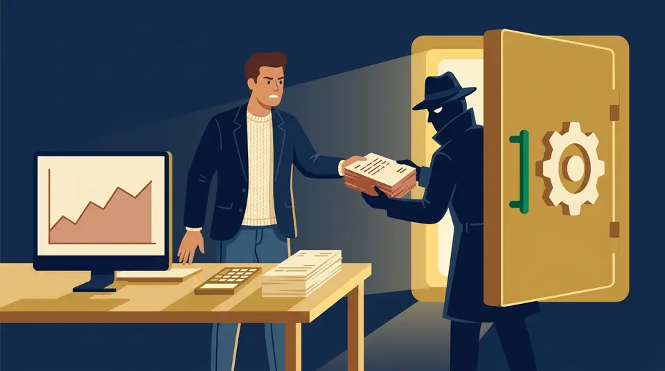 A business owner hands invoice stacks to a client who hides them in a vault, illustrating delayed payments as loans.