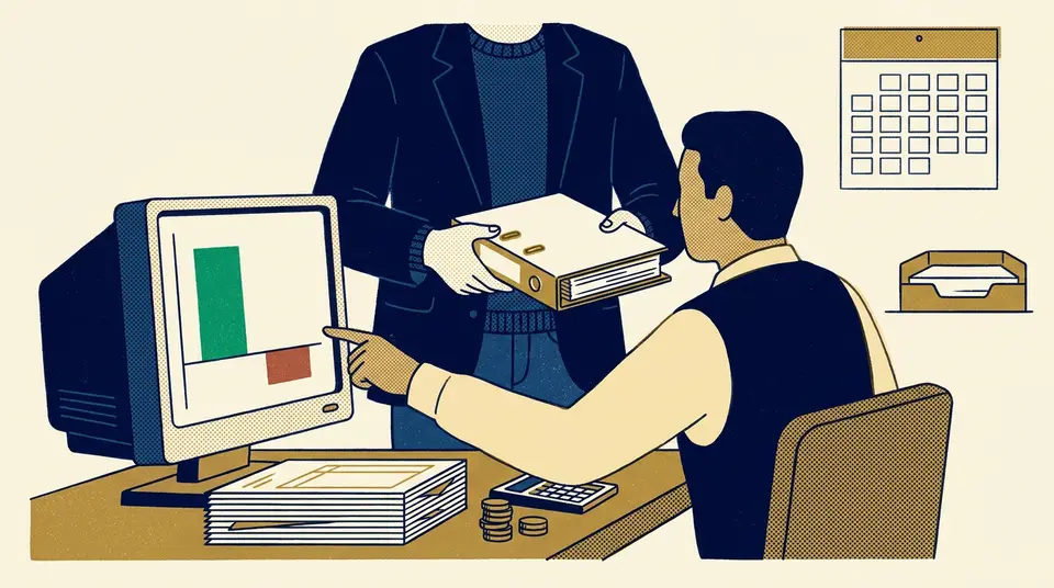 An owner hands a ledger to a manager, symbolizing the transfer of business operations to a systems-led team.