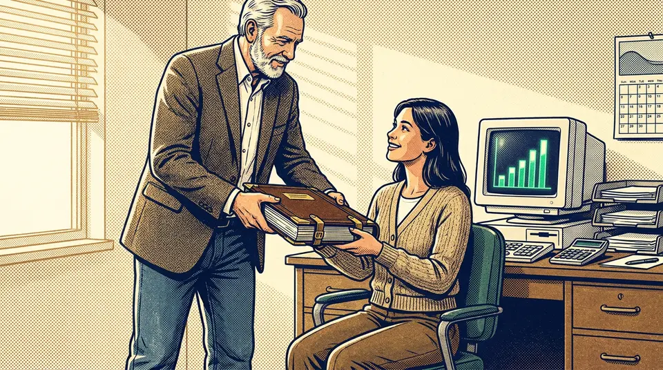 An older owner hands a thick ledger to a younger colleague at a desk, illustrating a leadership transition.