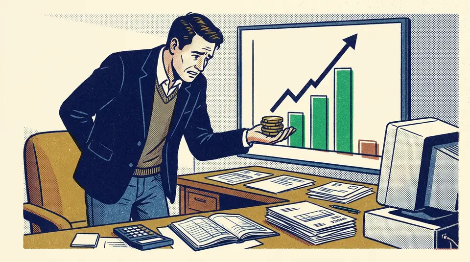 A business owner holds small coins while a chart shows massive growth, illustrating the profitability paradox.