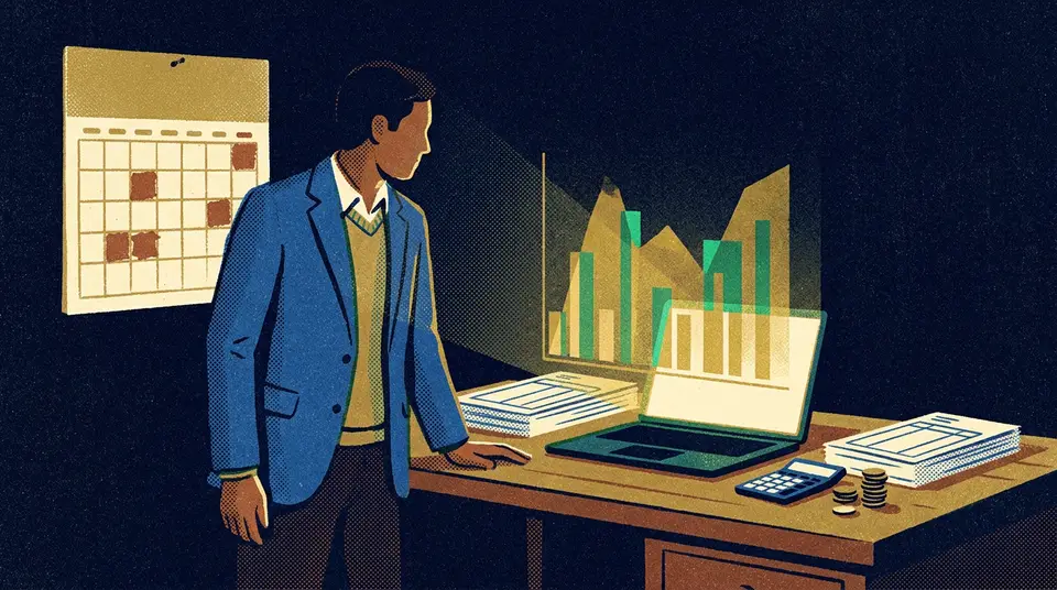 A man turns from a paper calendar to a glowing digital chart, illustrating the shift from old to new finance.
